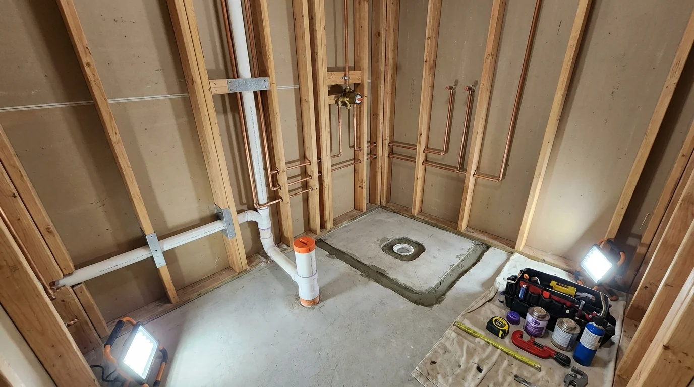 Bathroom rough-in plumbing during remodel by Johns Plumbing LLC in Massillon