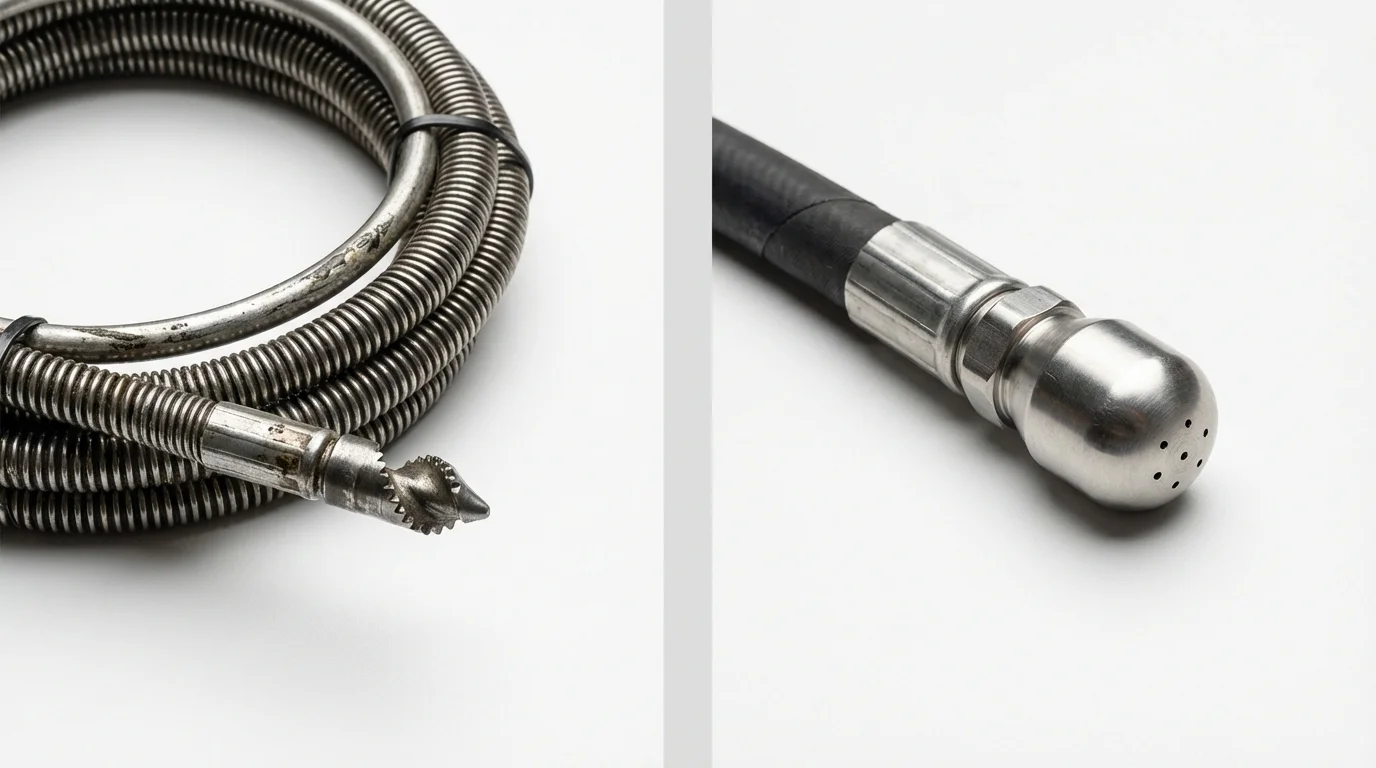 Drain snake cable and hydro jetting nozzle used for drain cleaning in Massillon, OH