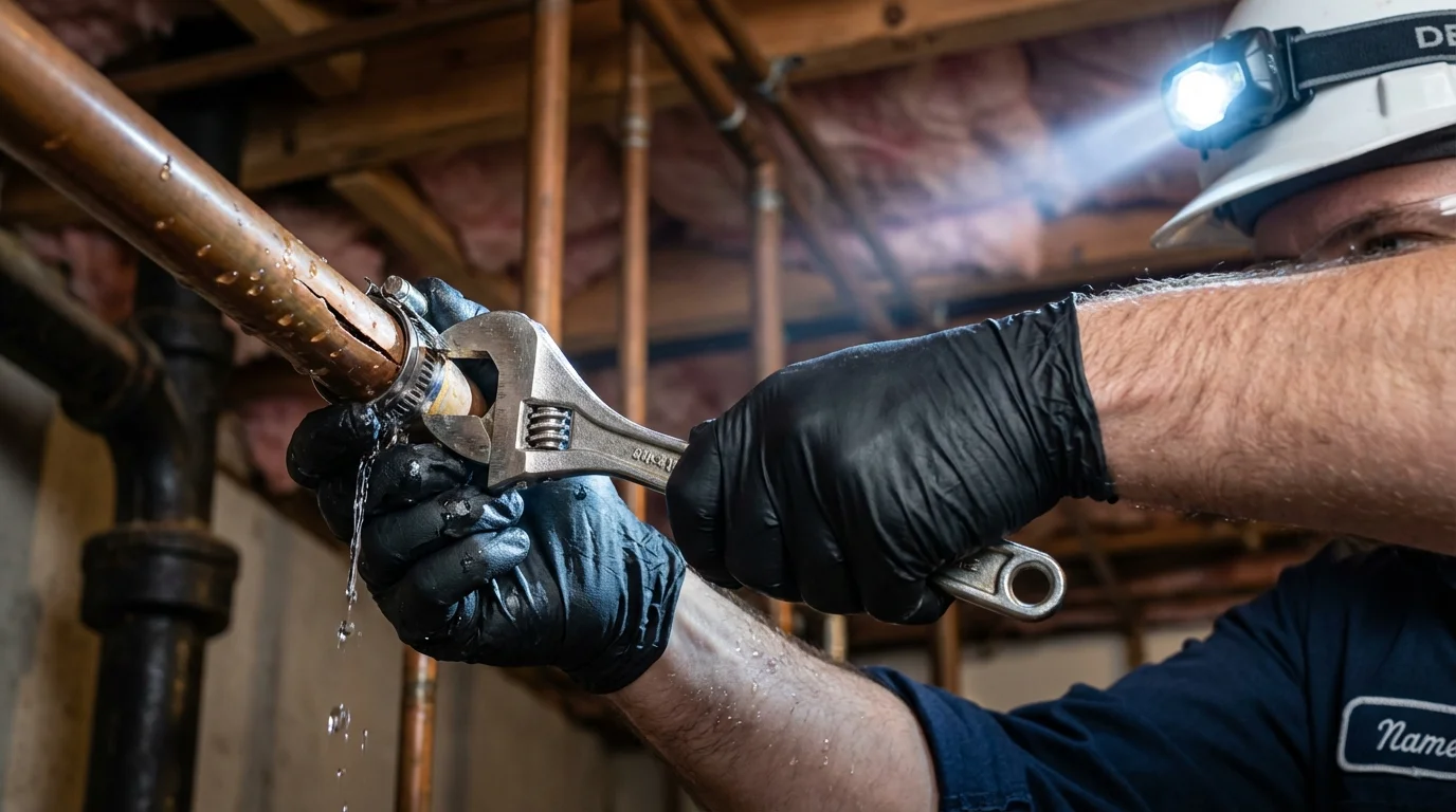 Emergency pipe clamp repair being performed by a Johns Plumbing LLC plumber in Massillon