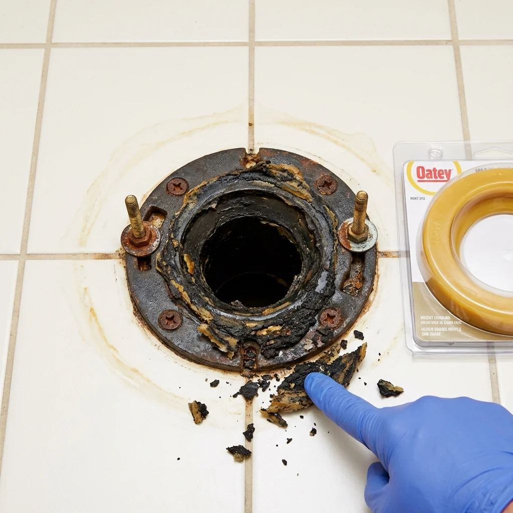 Failed wax ring showing water seepage at the base of a toilet in a Massillon, OH home
