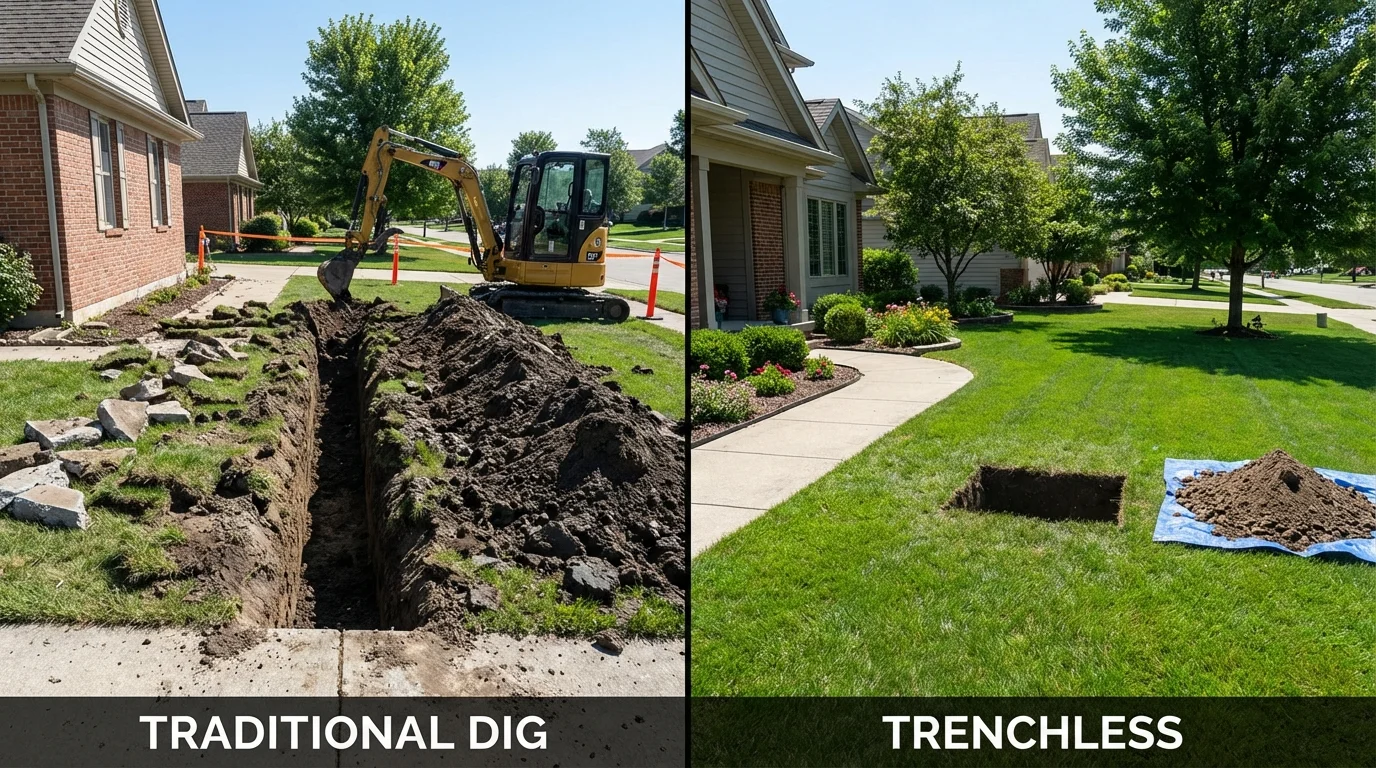 Trenchless sewer repair with minimal yard damage versus traditional excavation in Massillon, OH