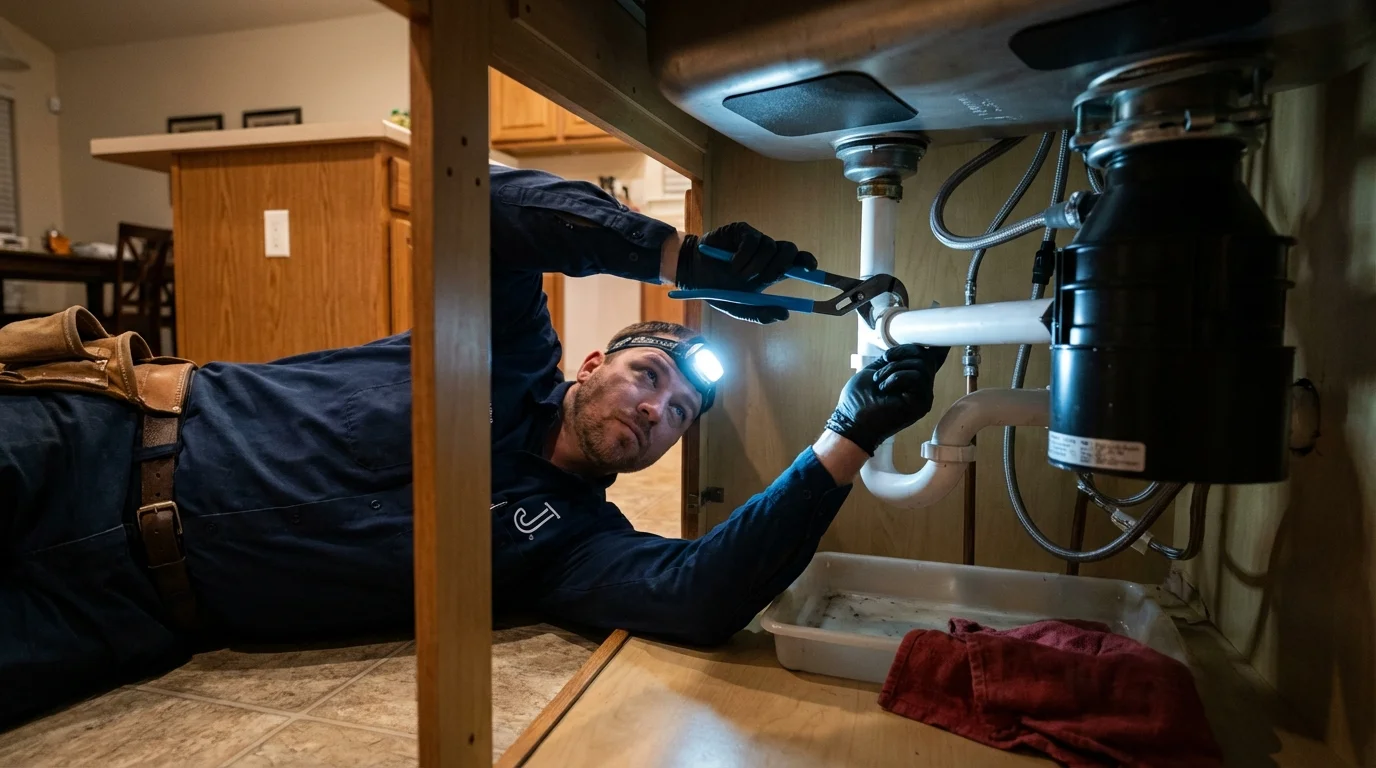 P-trap and supply line connections under a kitchen sink showing a common leak point in Massillon, OH